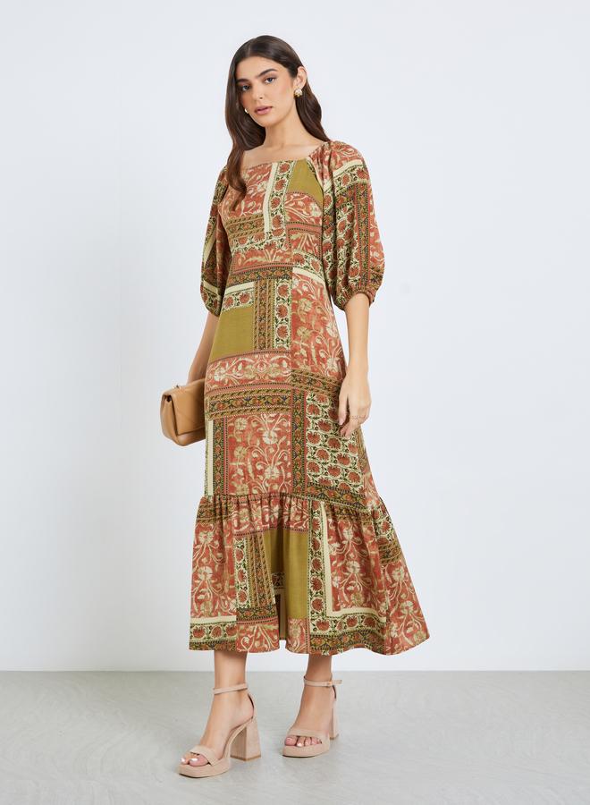 Styli Women Printed Puff Sleeve A-Line Maxi Dress - Image 2